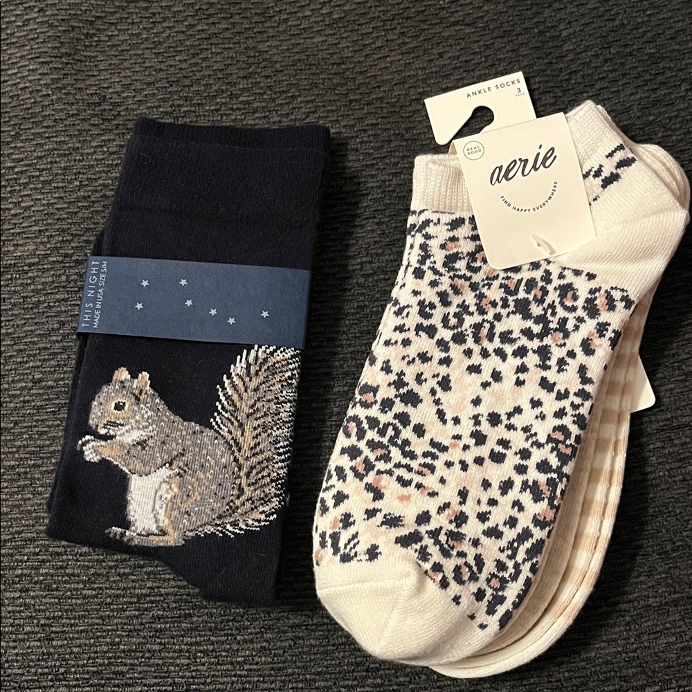 Black Squirrel and Aerie Cream Leopard Socks